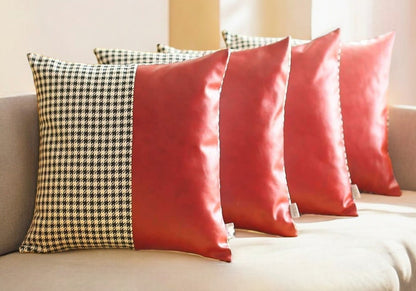 Set Of Four 18" X 18" Red Polyester Houndstooth Zippered Pillow