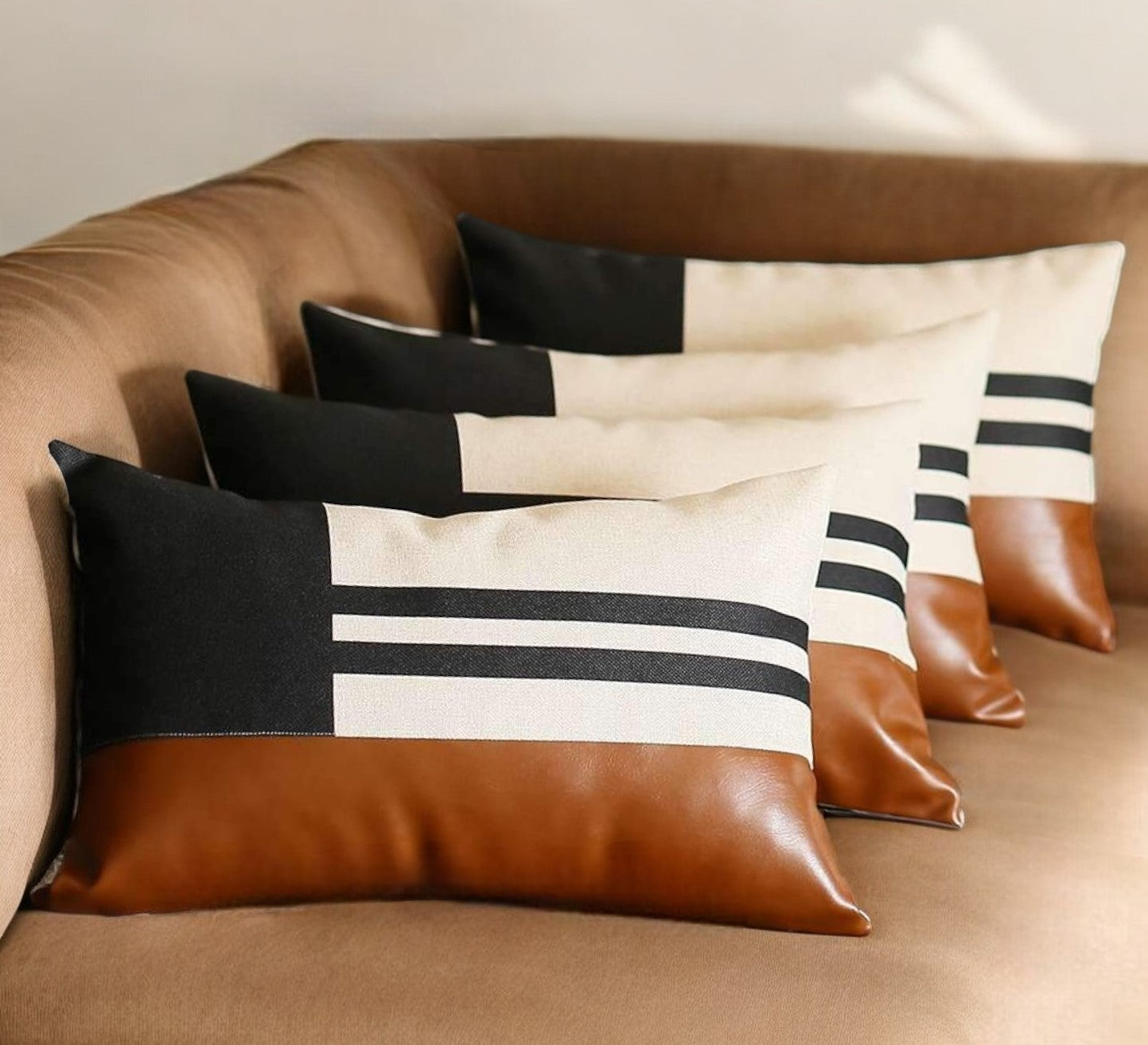 Set Of Four 20" X 12" Brown And Black Polyester Striped Zippered Pillow