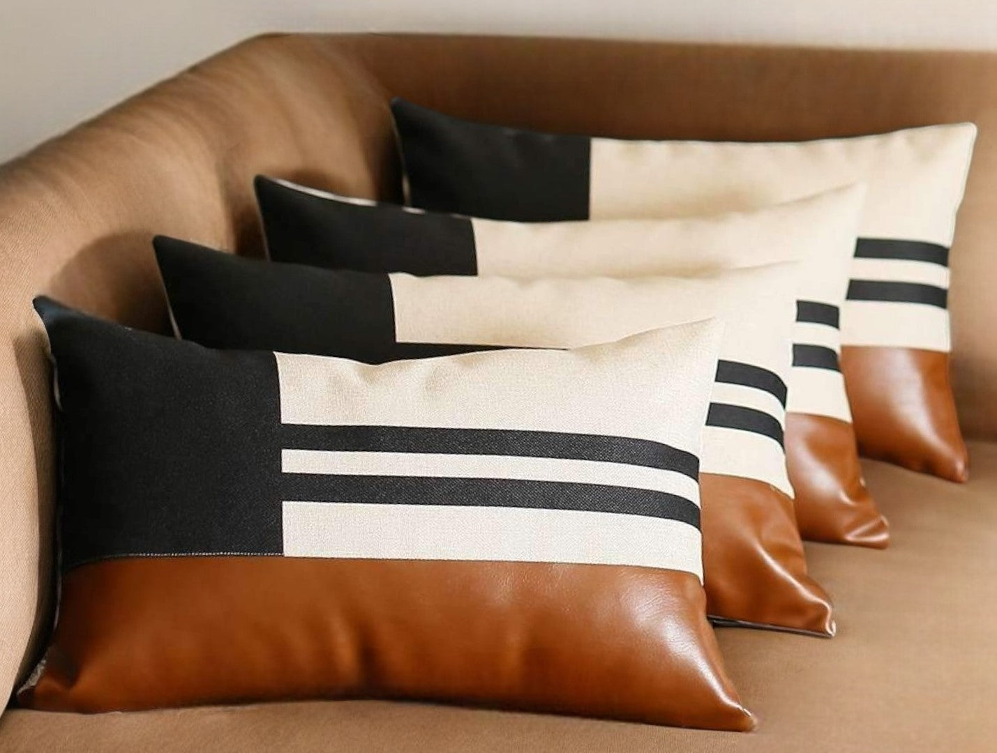 Set Of Four 20" X 12" Brown And Black Polyester Striped Zippered Pillow