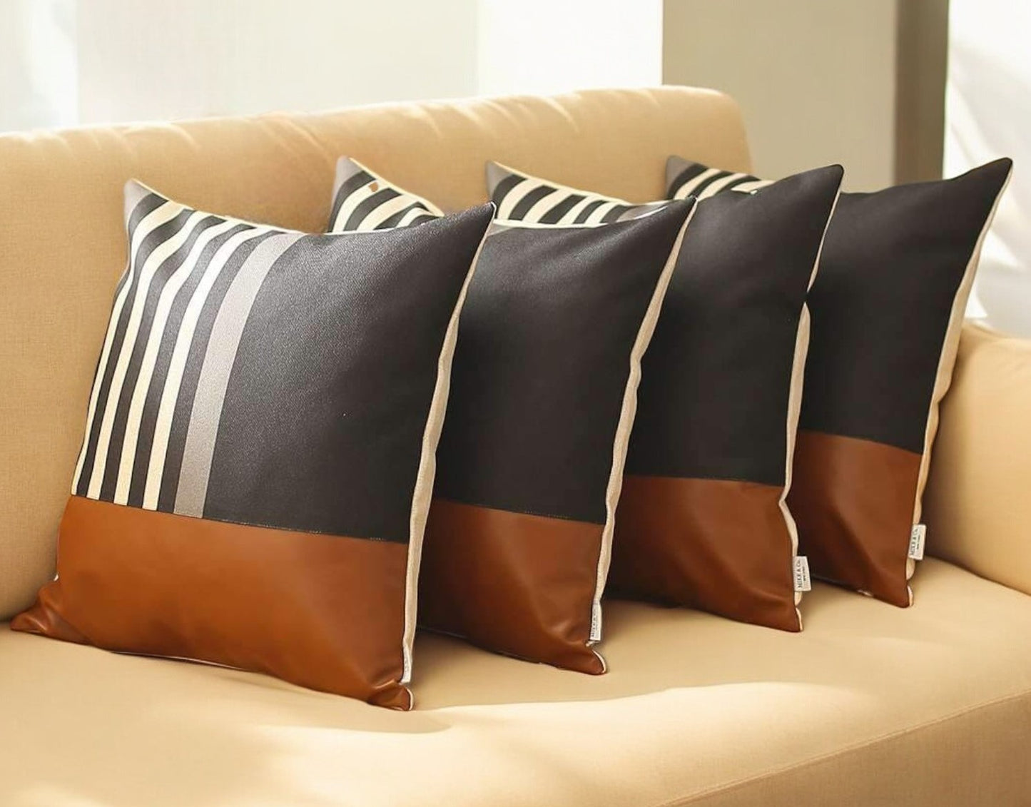 Set Of Four 18" X 18" Brown And Black Polyester Striped Zippered Pillow