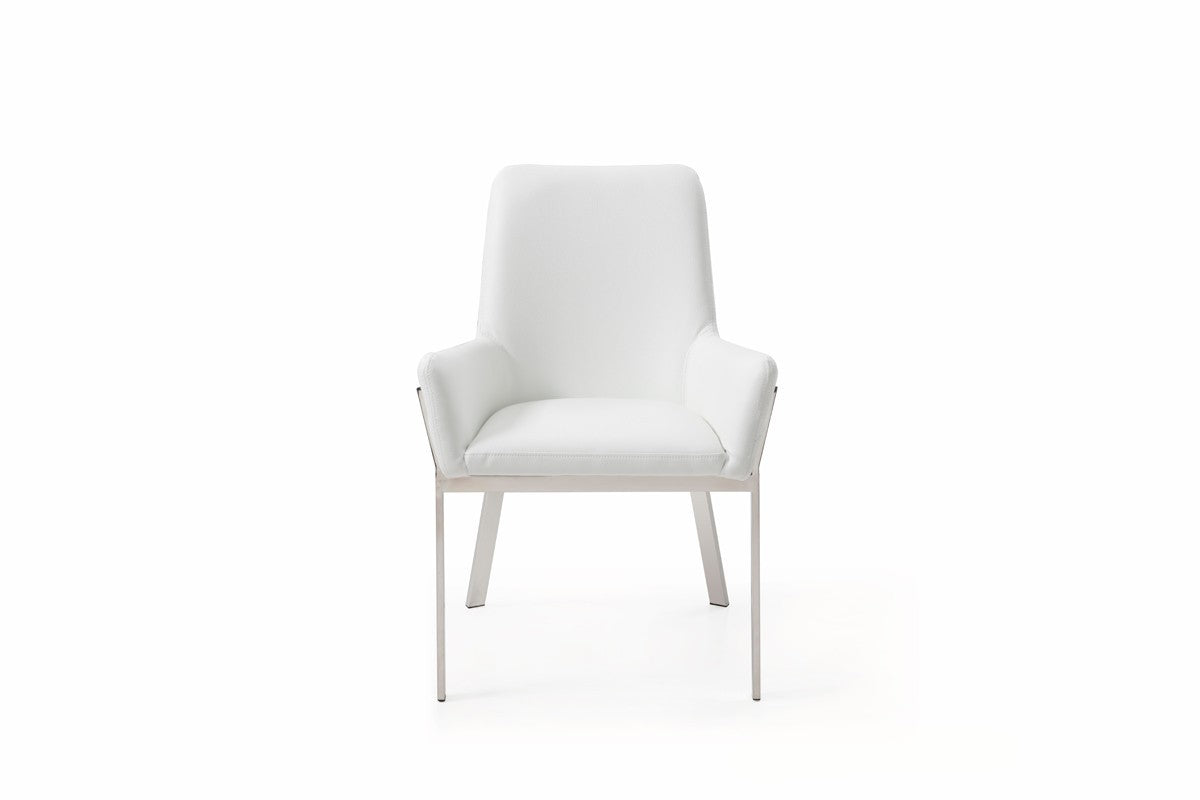 White And Silver Upholstered Faux Leather Dining Arm Chair