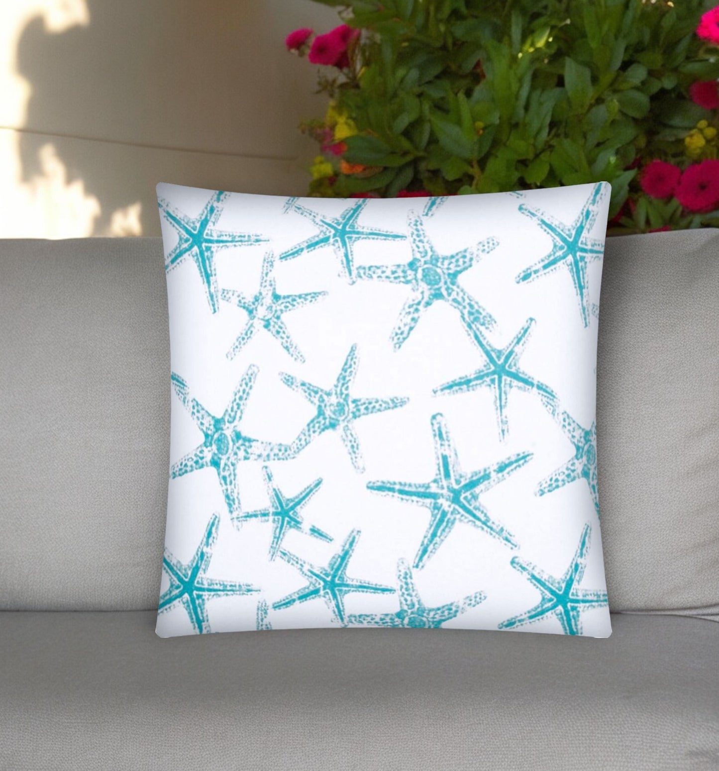 17" Turquoise and White Starfish Indoor Outdoor Throw Pillow Cover