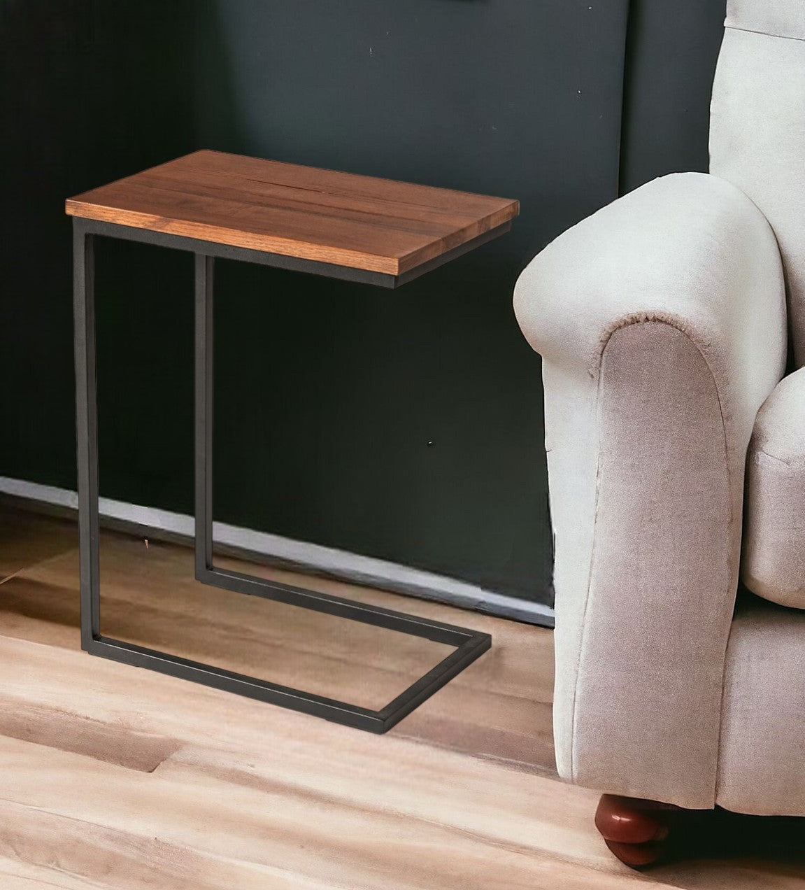 Modern Rustic Brown Aged Oak Wood and Metal C Shape Snack Table