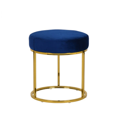 16" Blue Velvet And Gold Round Footstool Ottoman