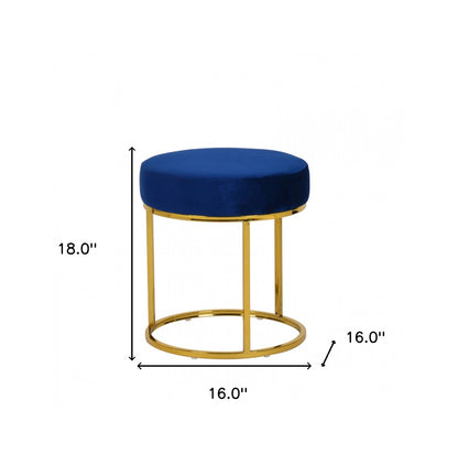 16" Blue Velvet And Gold Round Footstool Ottoman