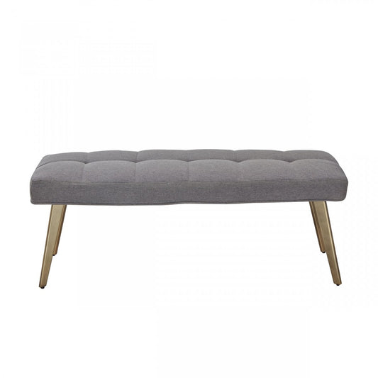 47" Gray and Antiqued Brass Tufted Linen Blend Upholstered Dining Bench