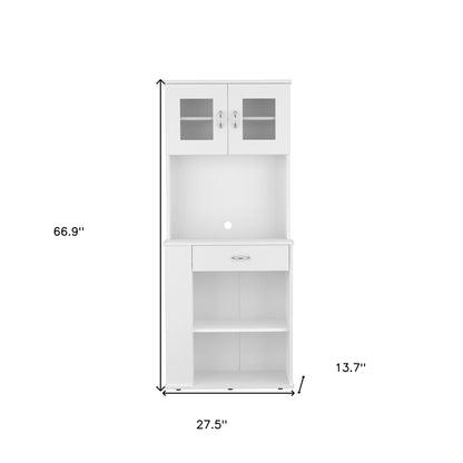 67" White Pantry Cabinet with Two Door Panels and Side Open Shelves