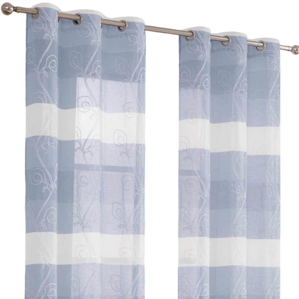 Set of Two 96"  Blue Striped Floral Embroidery Window Panels