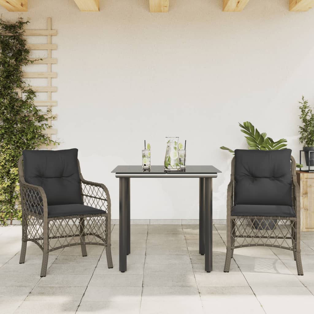 3 Piece Bistro Set with Cushions Gray Poly Rattan