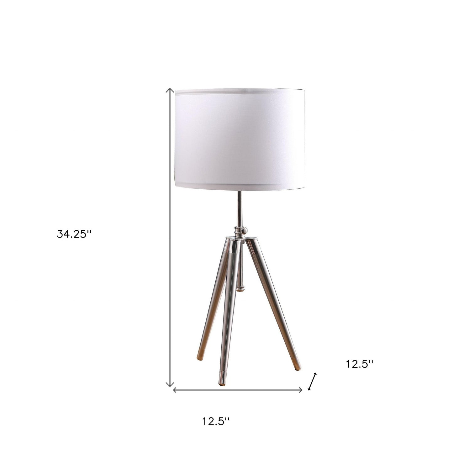 34" Silver Metal Adjustable Tripod Table Lamp With White Round Shade