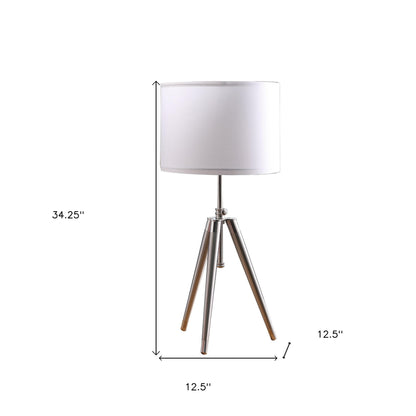 34" Silver Metal Adjustable Tripod Table Lamp With White Round Shade