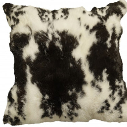 18" X 18" Black And White Rabbit Zippered Natural Fur Animal Print Throw Pillow