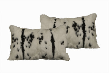 Set Of Two 12" X 20" Black And White Rabbit Zippered Natural Fur Animal Print Throw Pillows