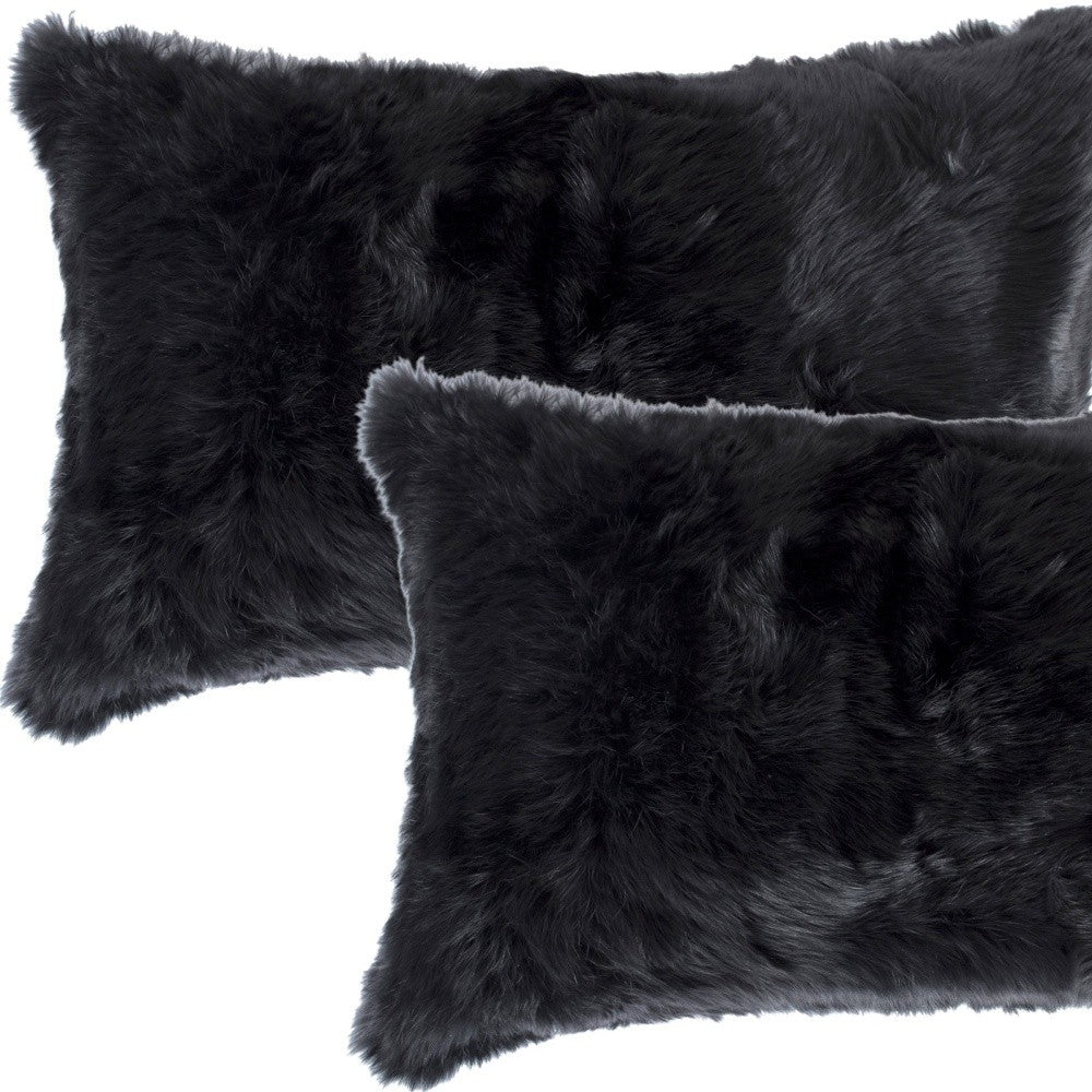 Set of Two 12" X 20" Black Rabbit Natural Fur Throw Pillow