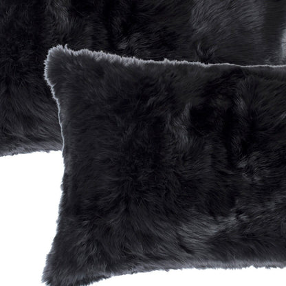 Set of Two 12" X 20" Black Rabbit Natural Fur Throw Pillow