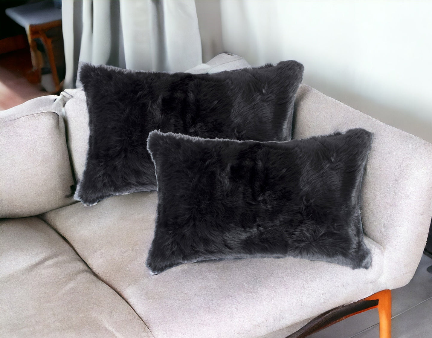 Set of Two 12" X 20" Black Rabbit Natural Fur Throw Pillow