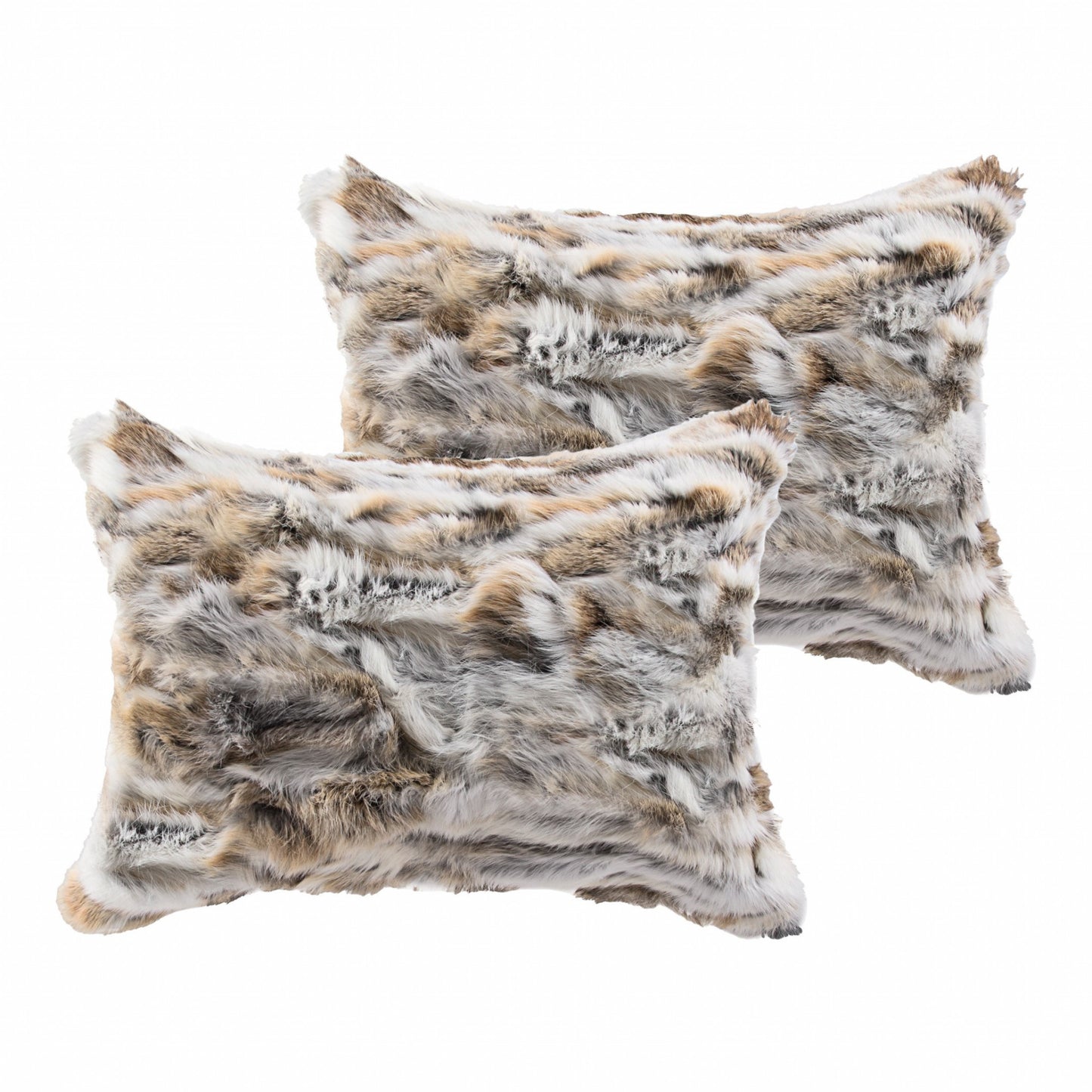 Set of Two 12" X 20" Tan and White Rabbit Natural Fur Throw Pillow