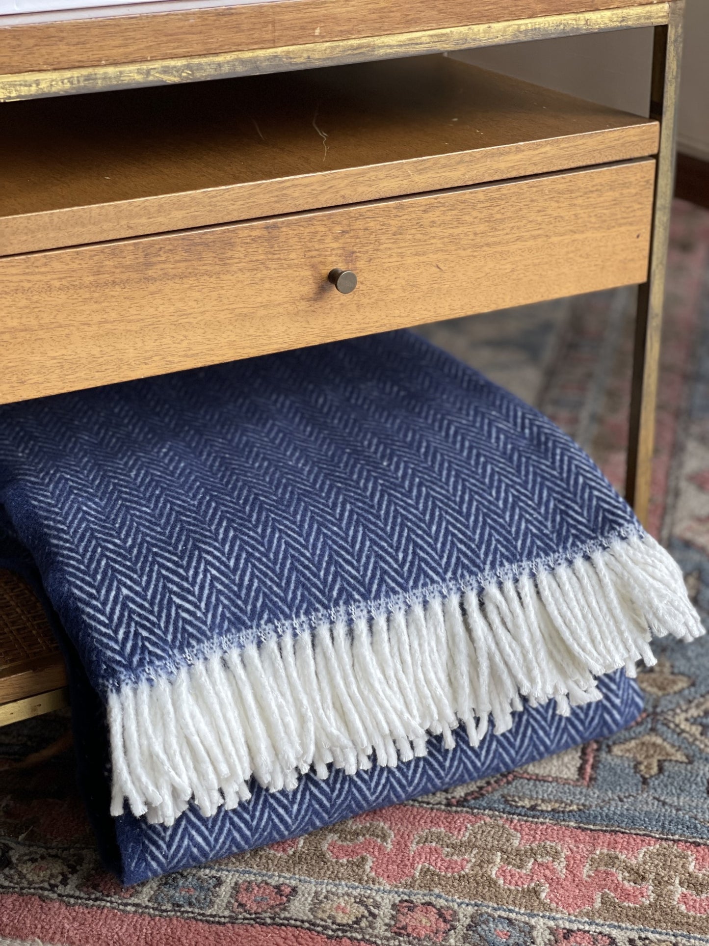 Navy Blue and White Dreamy Soft Herringbone Throw Blanket