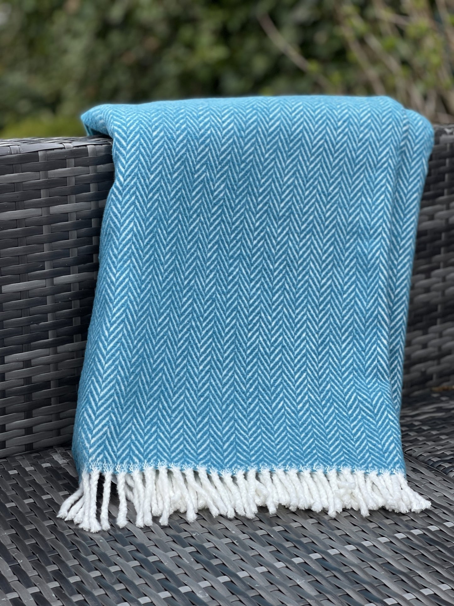 55" X 70" Teal Blue and White Woven Herringbone Plush Throw Blanket