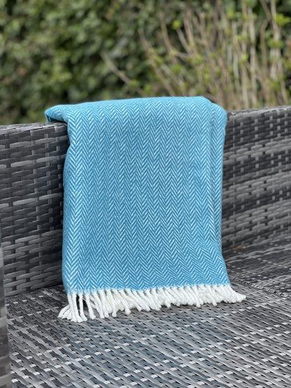 55" X 70" Teal Blue and White Woven Herringbone Plush Throw Blanket