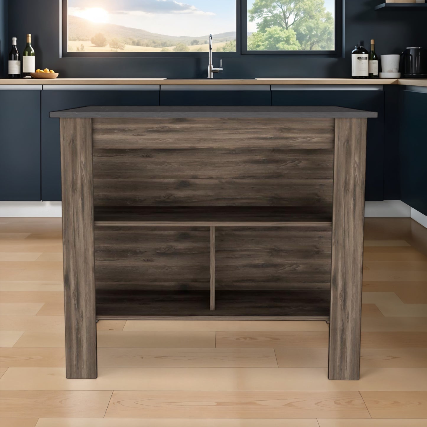 Dark Brown and Onyx Kitchen Island with Three Storage Shelves