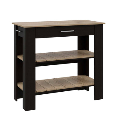 Light Oak and Black Kitchen Island with Drawer and Two Open Shelves