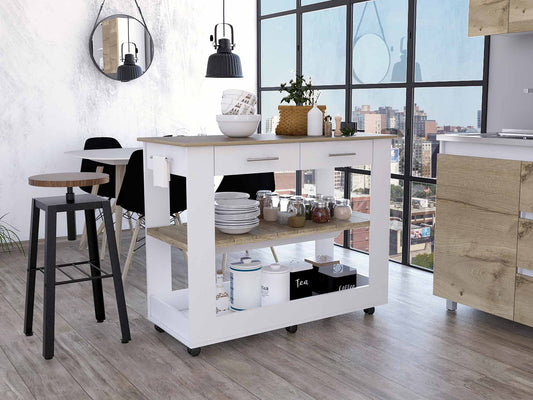 Light Oak and White Kitchen Island with Drawer Shelves and Casters