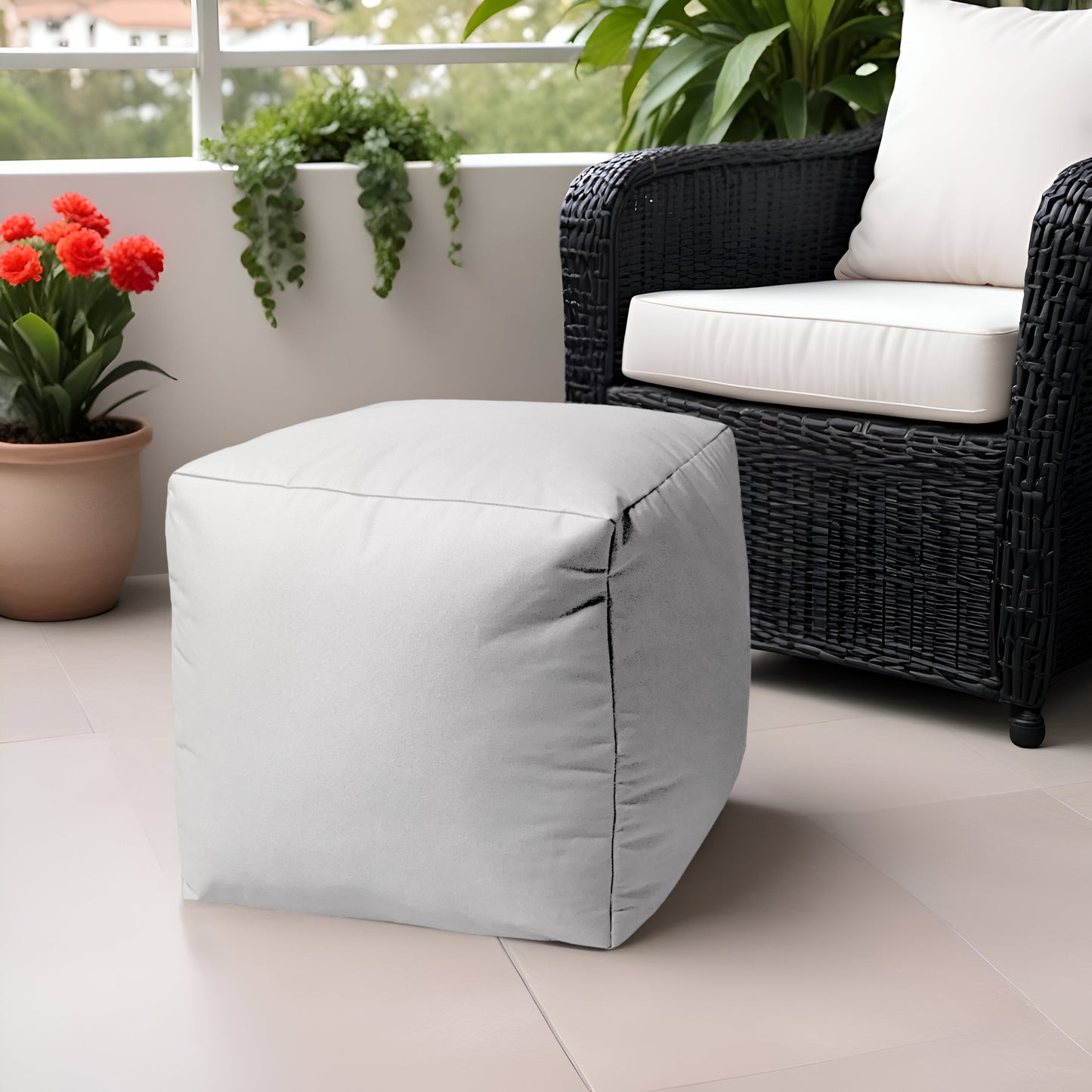 17" Blue Canvas Cube Outdoor Pouf Ottoman