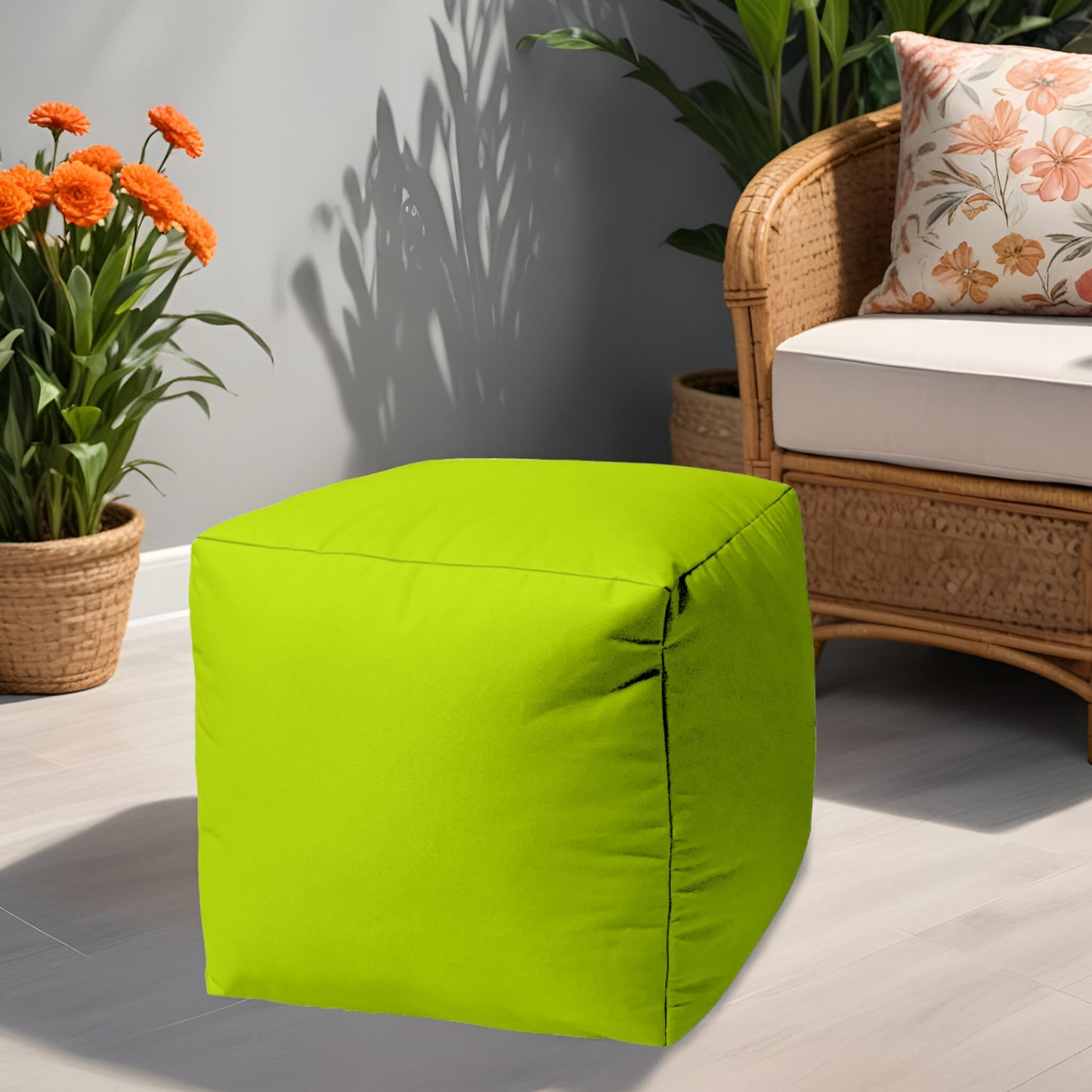 17" Blue Canvas Cube Outdoor Pouf Ottoman