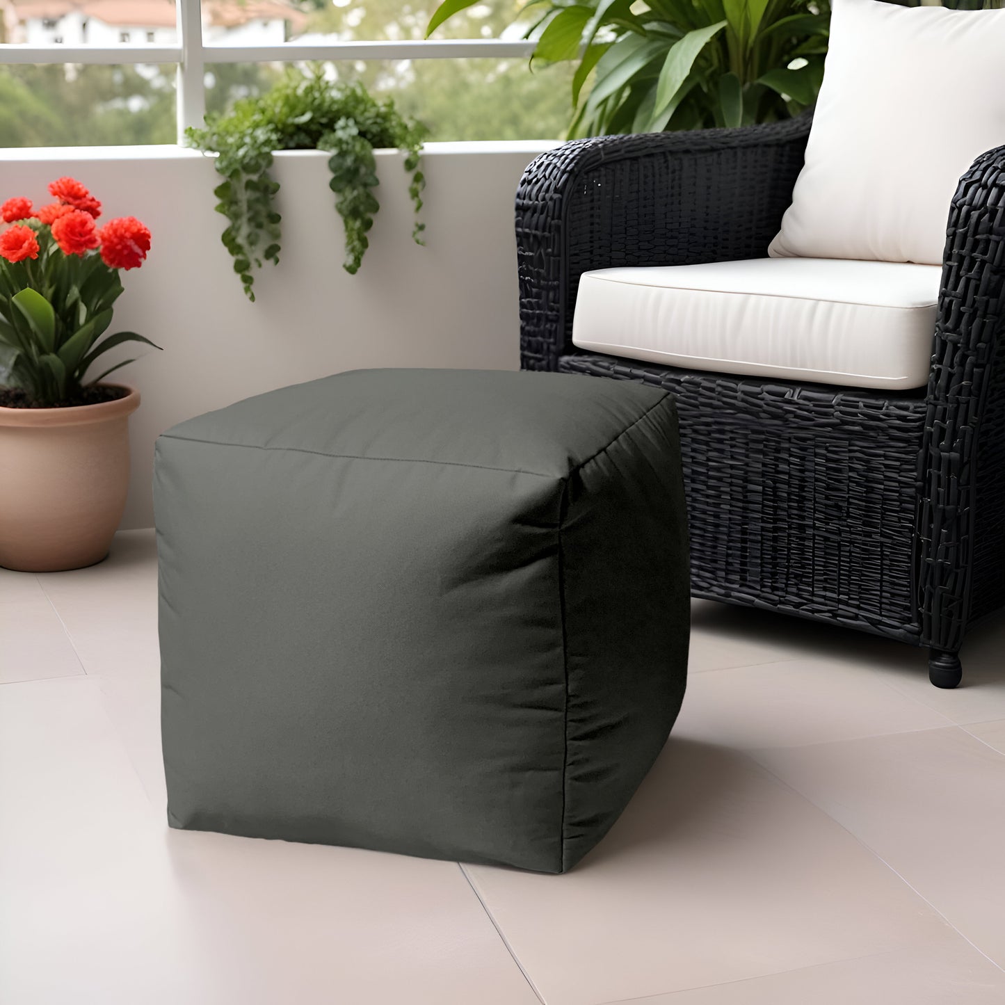 17" Coral Canvas Cube Outdoor Pouf Ottoman