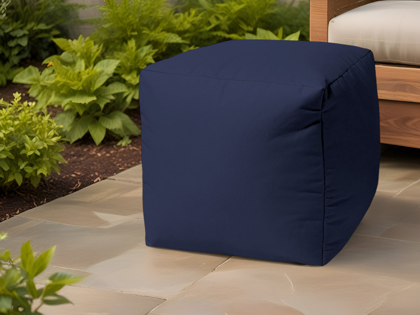 17" Blue Canvas Cube Outdoor Pouf Ottoman