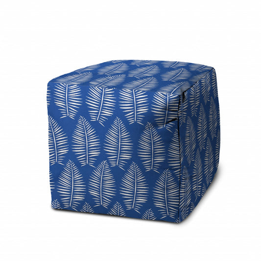 17" Blue and White Polyester Cube Floral Outdoor Pouf Ottoman