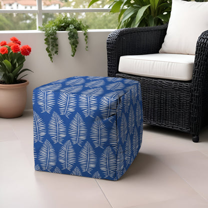 17" Blue and White Polyester Cube Floral Outdoor Pouf Ottoman