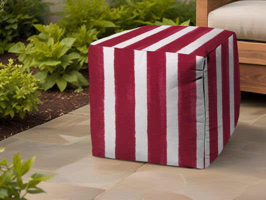 17" Red And White Polyester Cube Striped Indoor Outdoor Pouf Ottoman