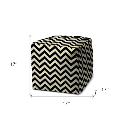 17" Black And White Polyester Cube Chevron Indoor Outdoor Pouf Ottoman