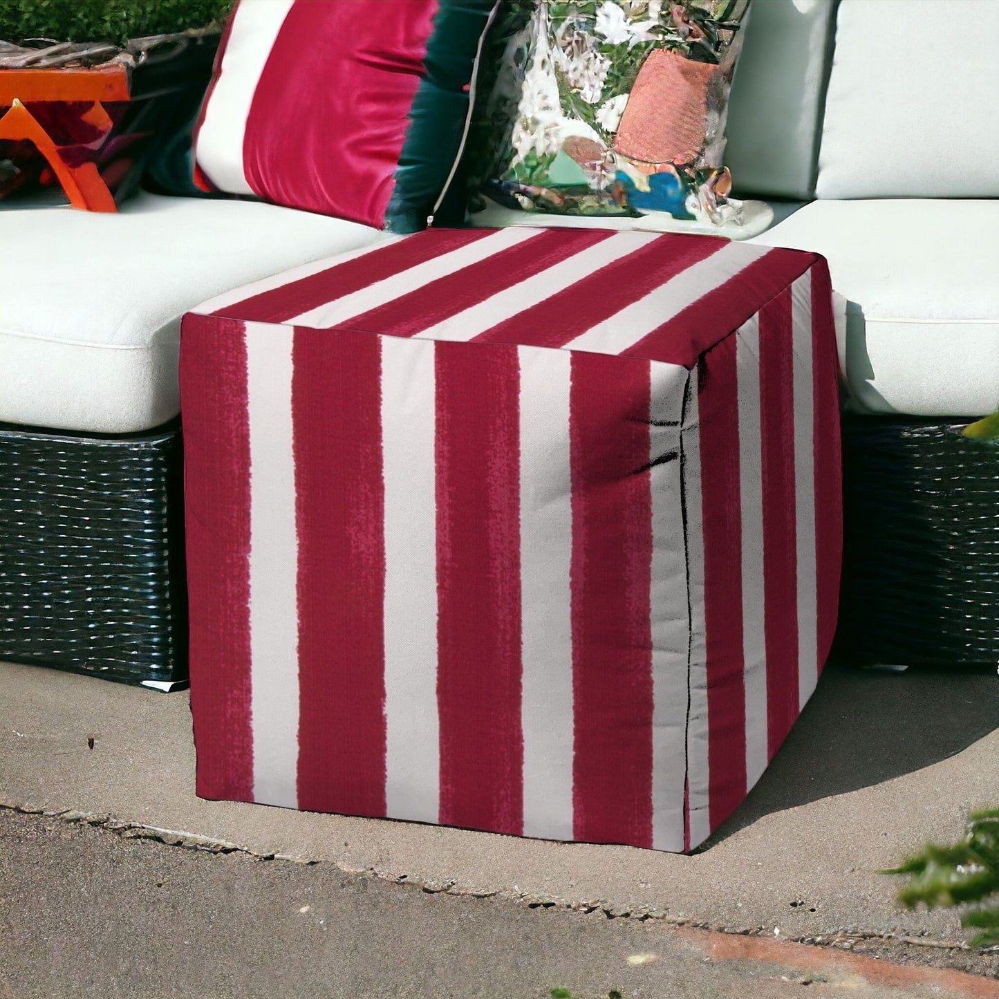 17" Pink And White Cube Striped Indoor Outdoor Pouf Cover