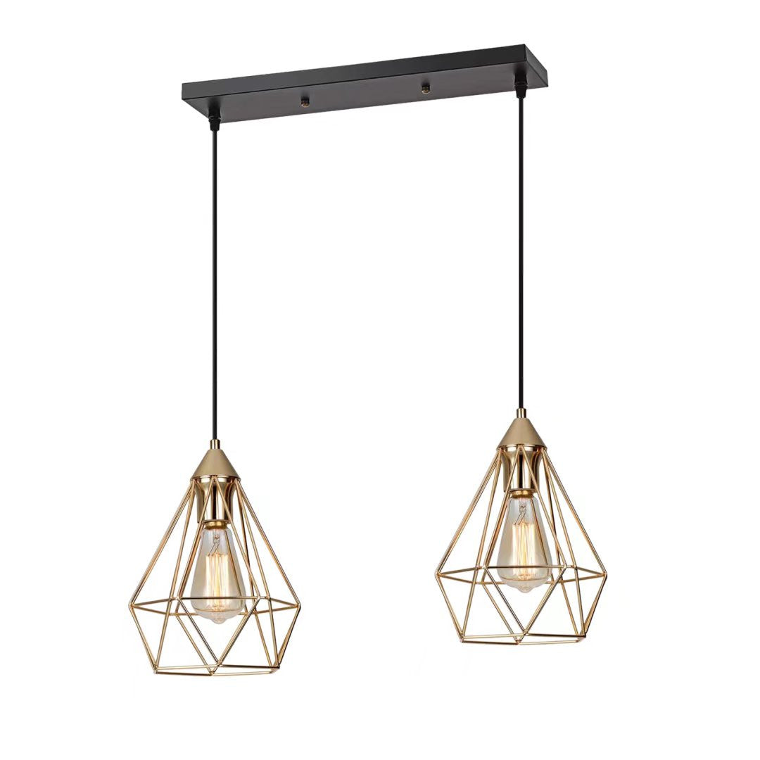 Kitchen Island Geometric Two Light Iron Flush Ceiling Light With Gold Shades