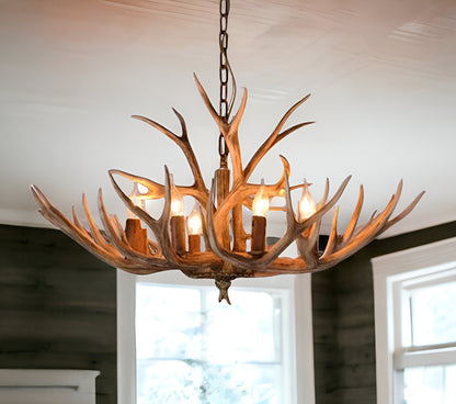 Brown Super Stag Faux Antlers Six Light LED Chandelier