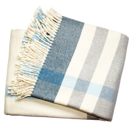 Plush Multi Blue Plaid Throw Blanket with Tassels