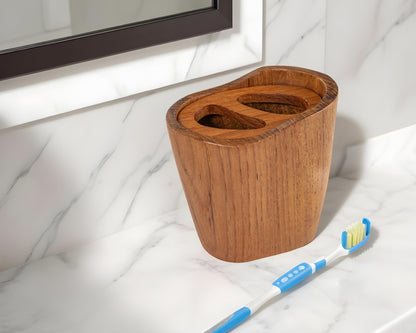 Natural Brown Solid Teak Oval Toothbrush Holder