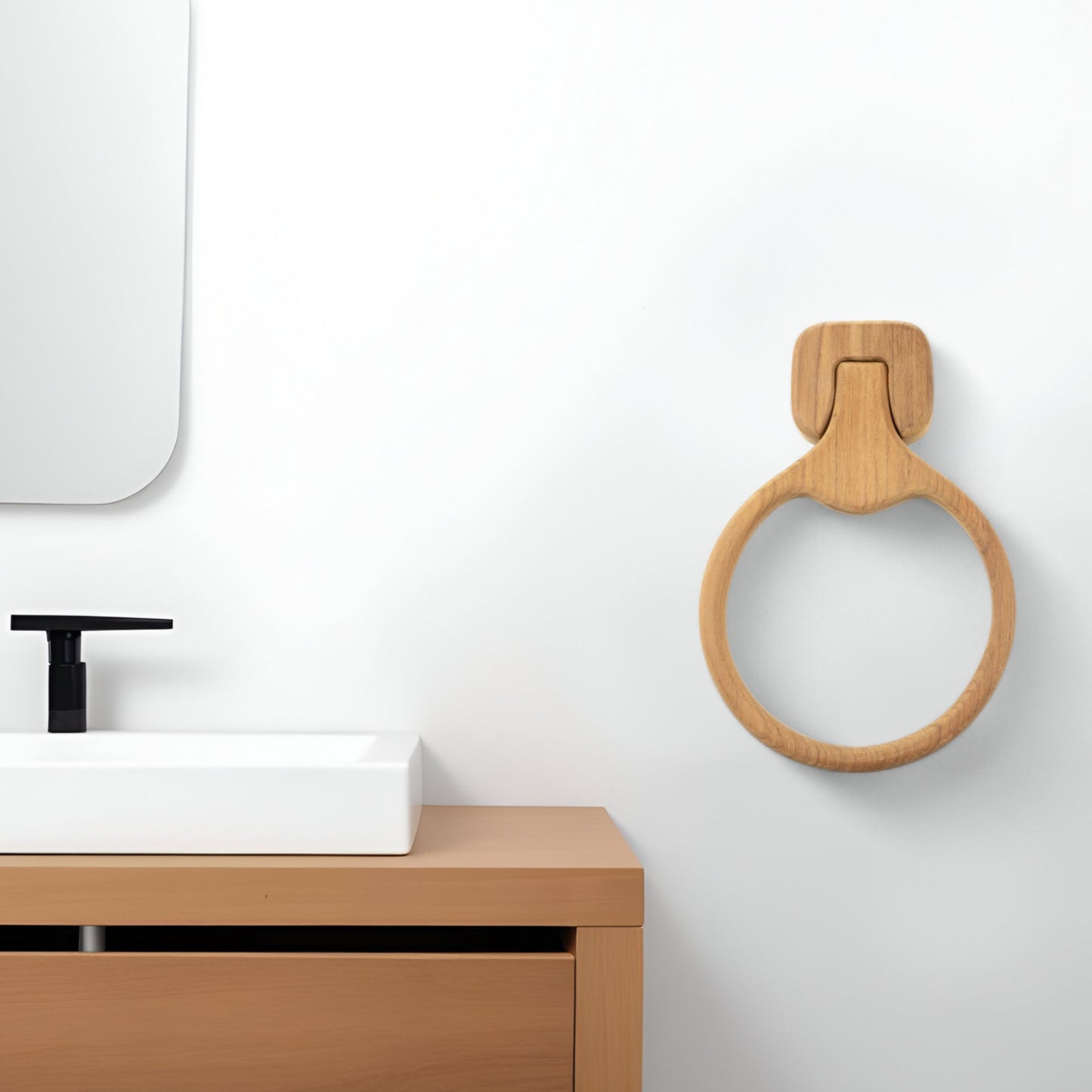 Natural Solid Teak Wood Wall Mount Towel Ring