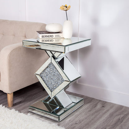 24" Silver Mirrored Glass And Faux Crystals End Table