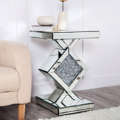 24" Silver Mirrored Glass And Faux Crystals End Table