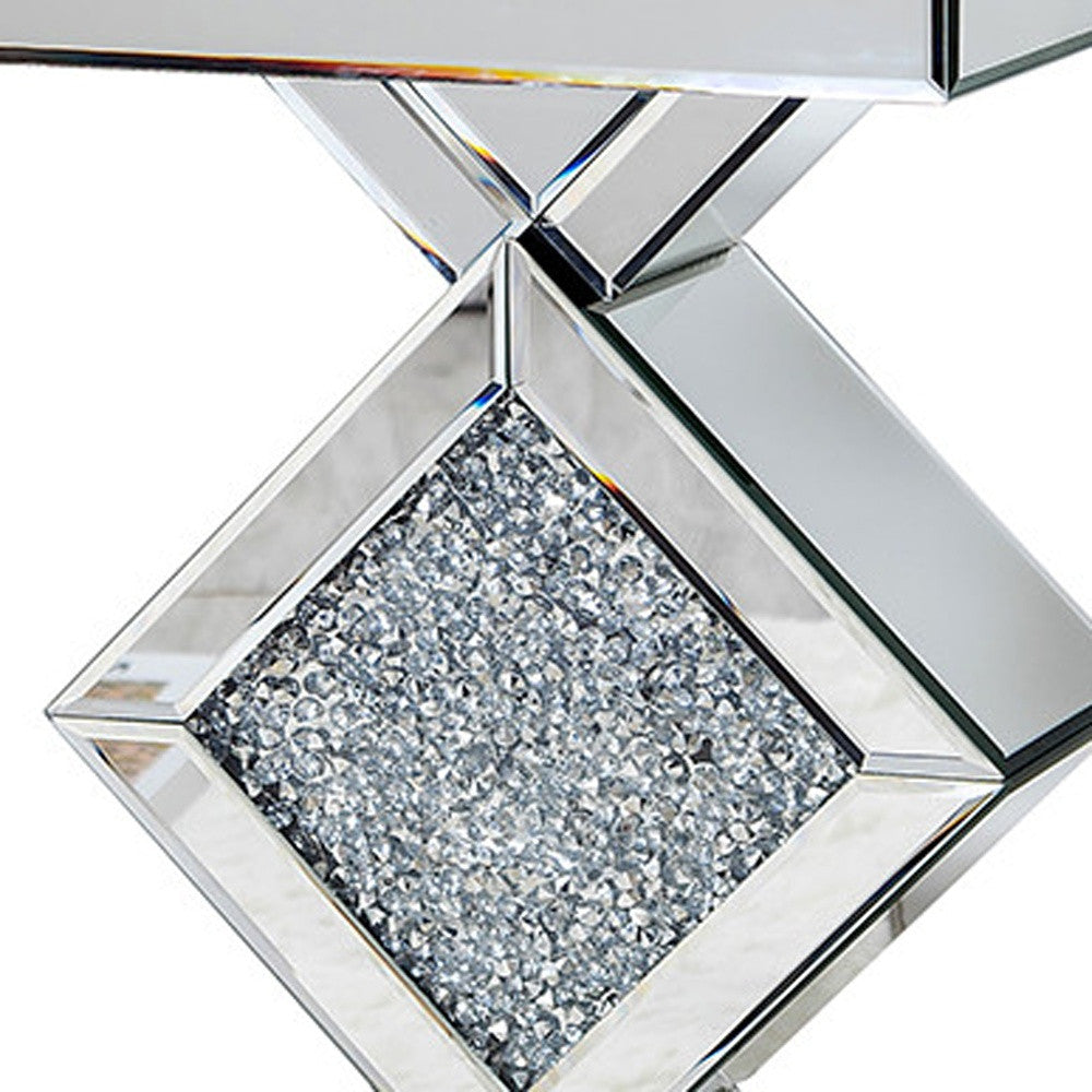 24" Silver Mirrored Glass And Faux Crystals End Table