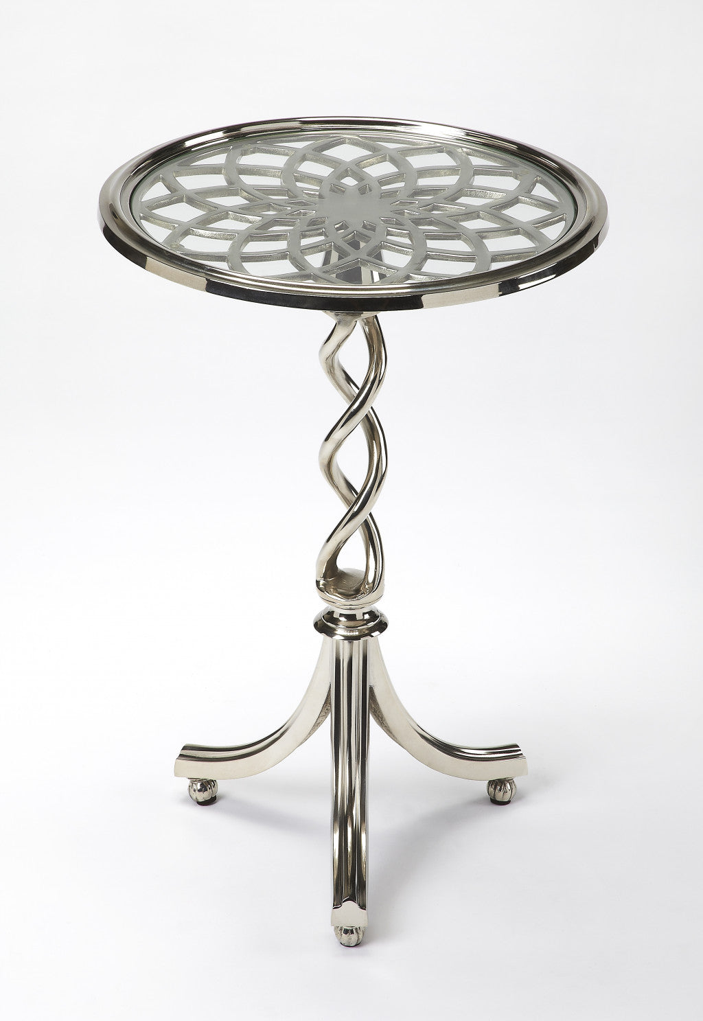 26" Silver Aluminum Open Lattice Round Top End Table