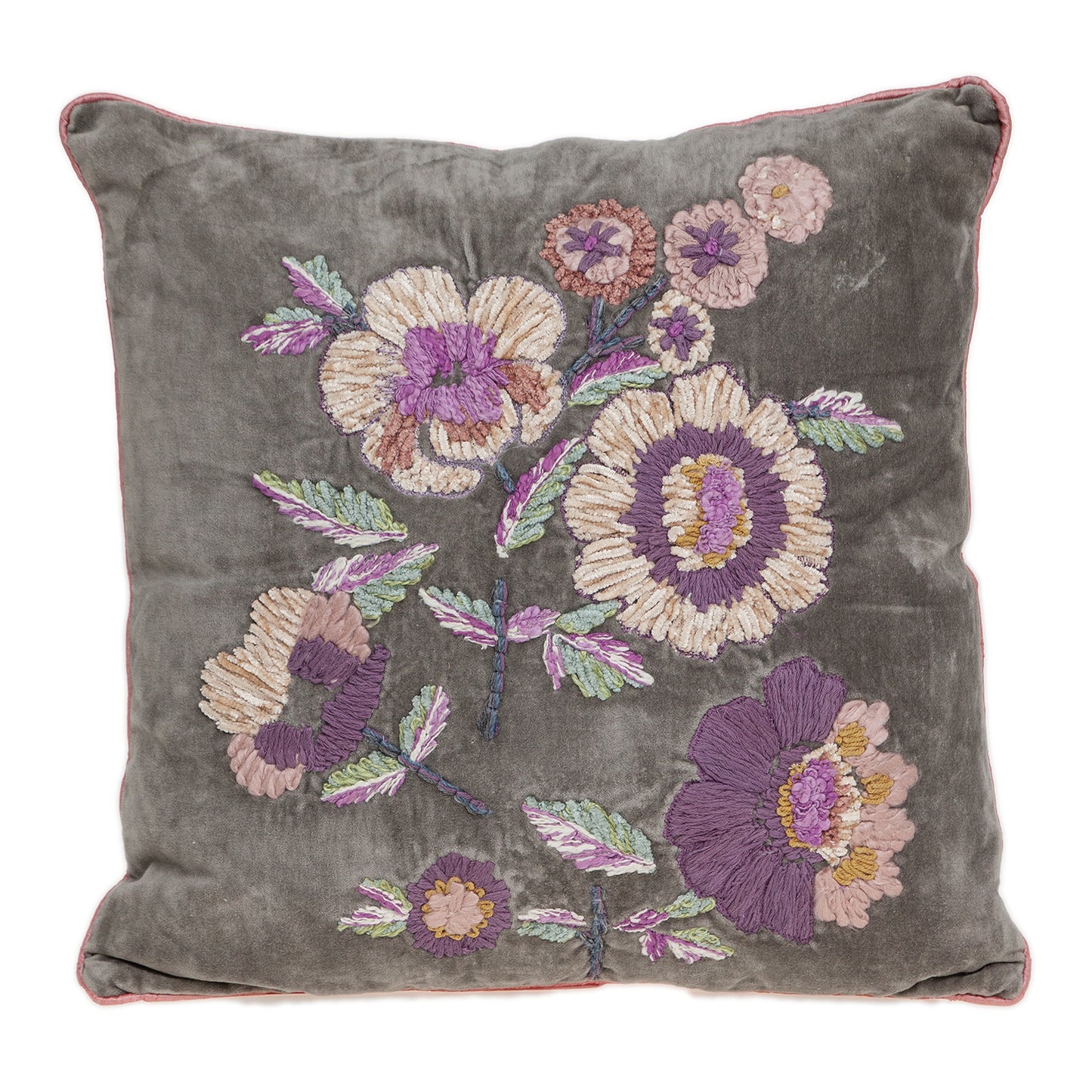 18" Taupe and Purple Cotton Throw Pillow With Embroidery