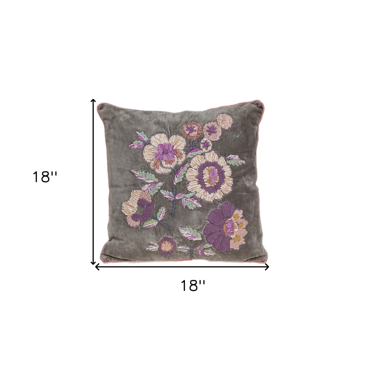 18" Taupe and Purple Cotton Throw Pillow With Embroidery