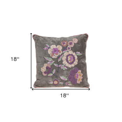 18" Taupe and Purple Cotton Throw Pillow With Embroidery