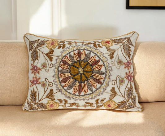 14" X 20" Beige Cotton Throw Pillow With Embroidery