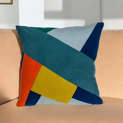 20" Blue and Yellow Cotton Throw Pillow